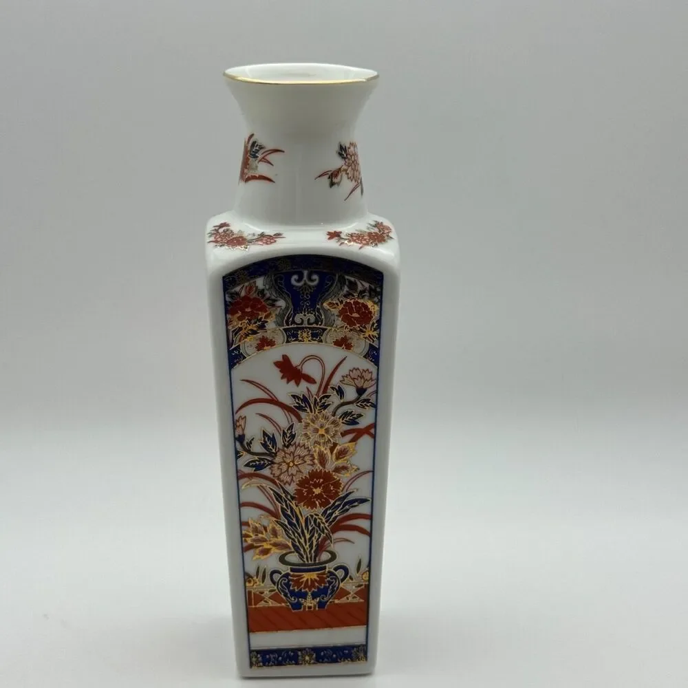 Imari Style Porcelain Bud Vase Square Floral Gold Gilt Blue Orange 8